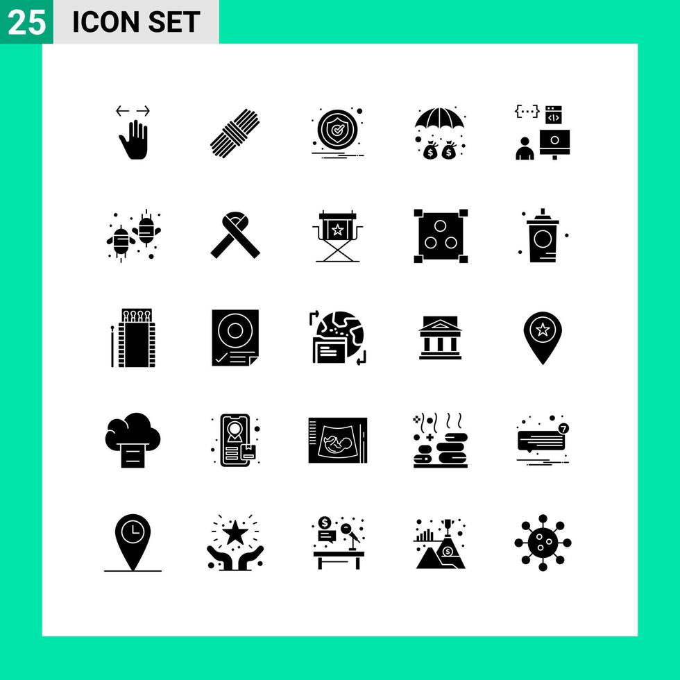 User Interface Pack of 25 Basic Solid Glyphs of coding protection alert umbrella deposit Editable Vector Design Elements
