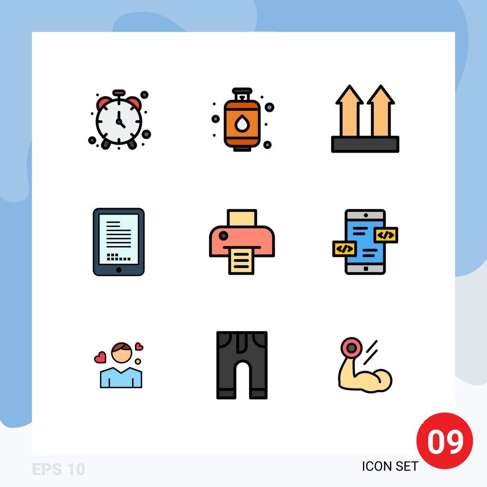 Pictogram Set of 9 Simple Filledline Flat Colors of print printer shipping cell coding Editable Vector Design Elements