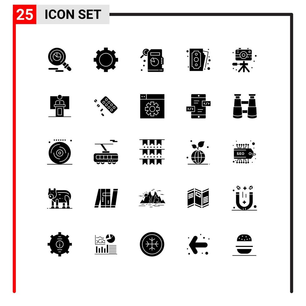 Set of 25 Vector Solid Glyphs on Grid for speech hobbies statistical analysis image shopping Editable Vector Design Elements