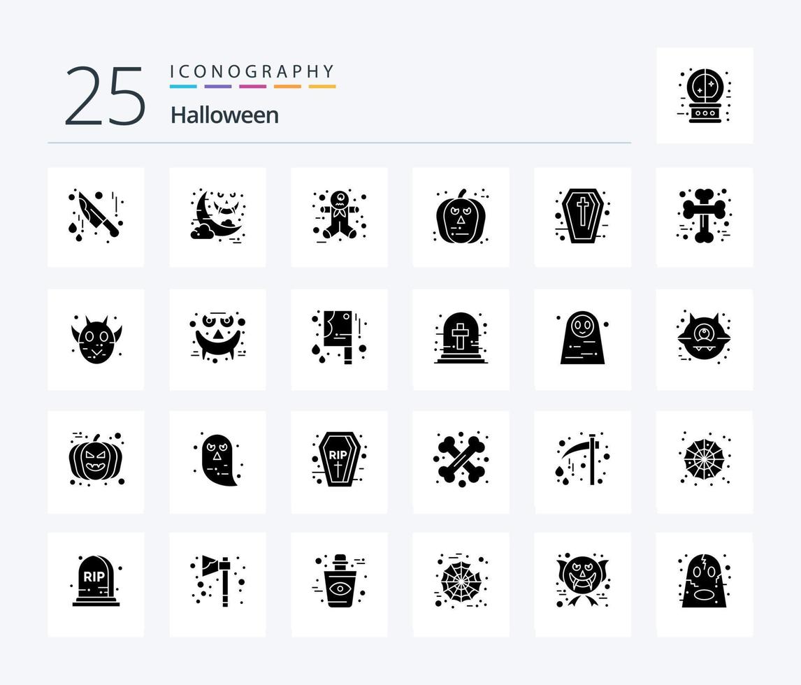 paquete de iconos de glifos sólidos de halloween 25 que incluye días festivos. ataúd. hombre de pan de jengibre signo. calabaza vector