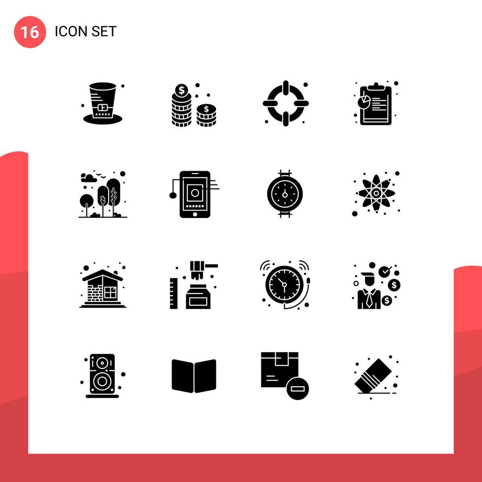 User Interface Pack of 16 Basic Solid Glyphs of nature city investment data analysis Editable Vector Design Elements