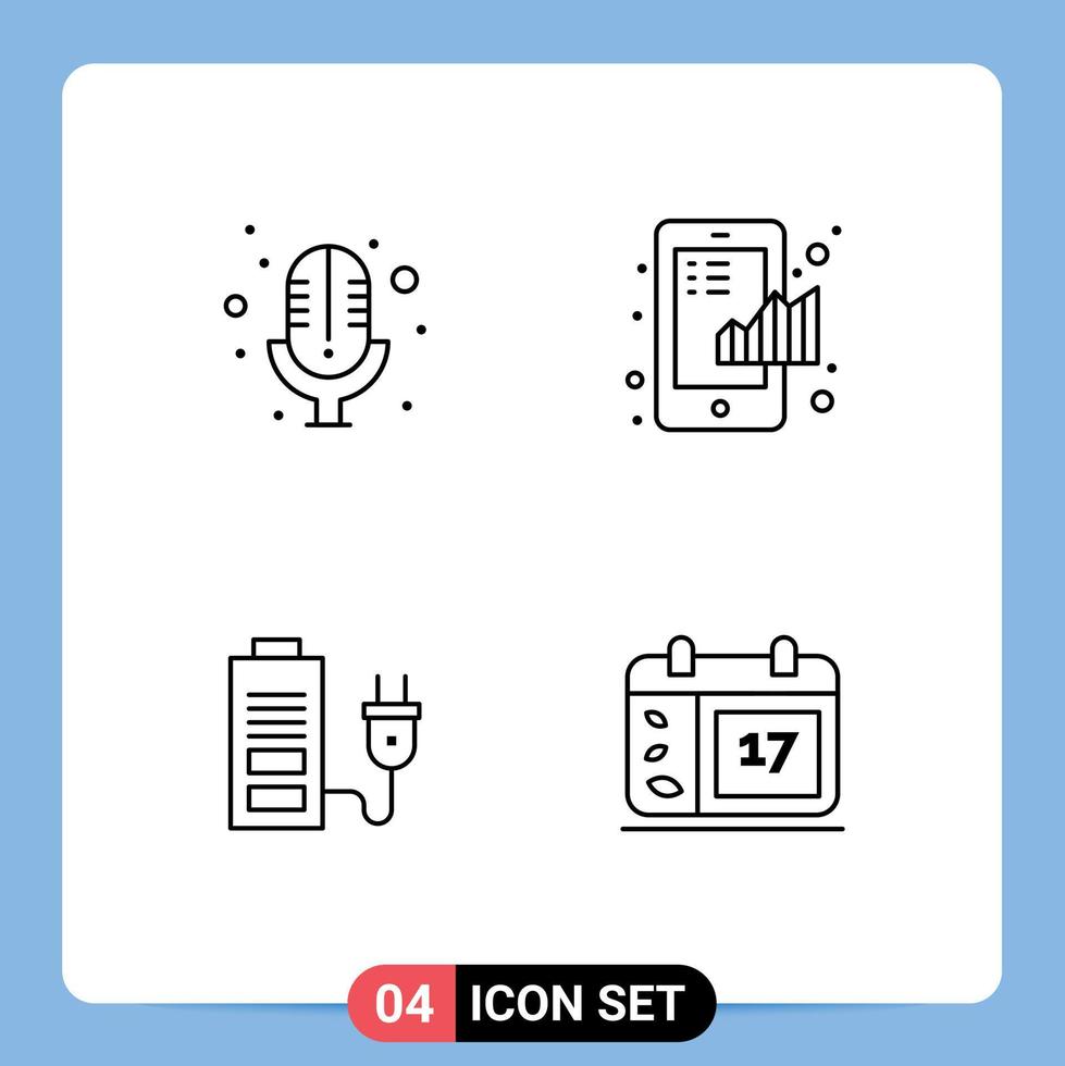 Modern Set of 4 Filledline Flat Colors and symbols such as mic battery business graph plug Editable Vector Design Elements