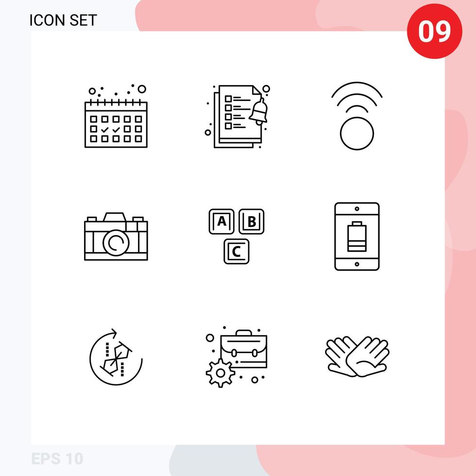 Modern Set of 9 Outlines and symbols such as battery alphabet wifi basic abc Editable Vector Design Elements