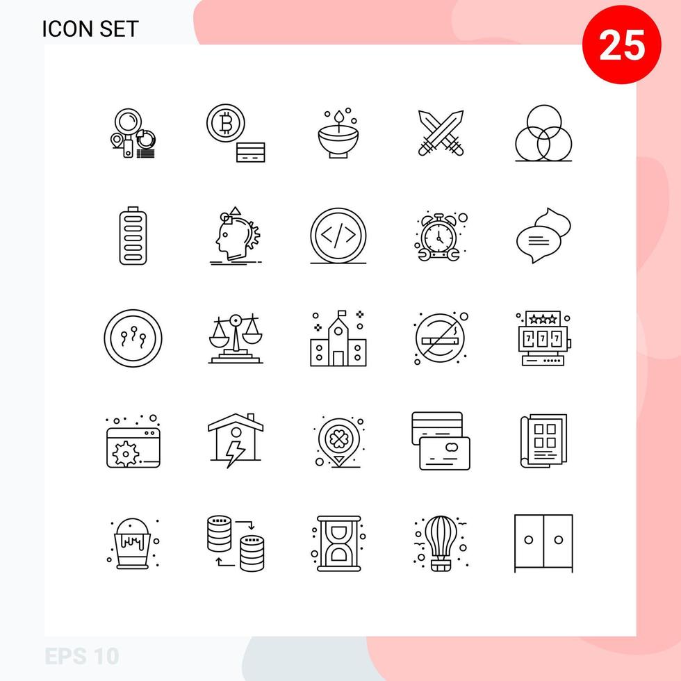 User Interface Pack of 25 Basic Lines of weapon fencing deepam sword lamp Editable Vector Design Elements