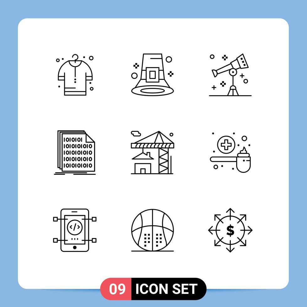 Modern Set of 9 Outlines and symbols such as crane data astronomy coding binary Editable Vector Design Elements