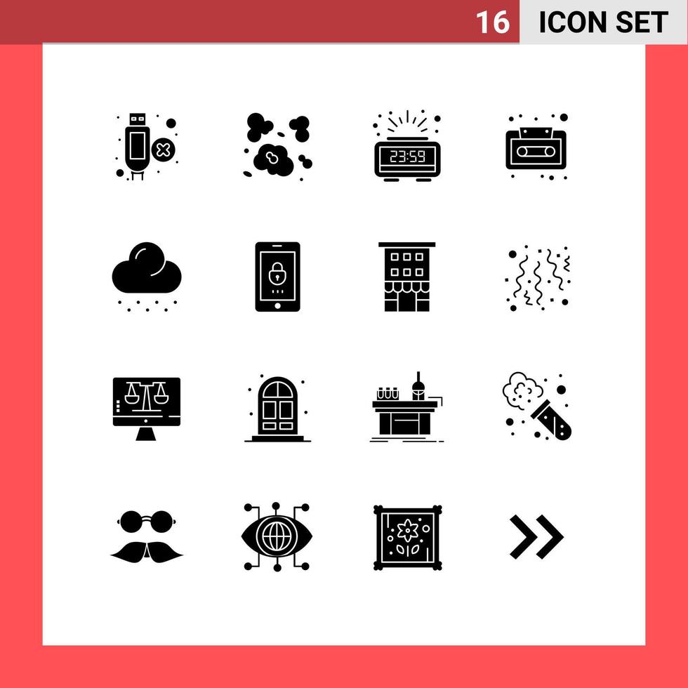 conjunto de pictogramas de 16 glifos sólidos simples de elementos de diseño vectorial editables de casete de audio de cinta de cuenta regresiva de nubes meteorológicas vector