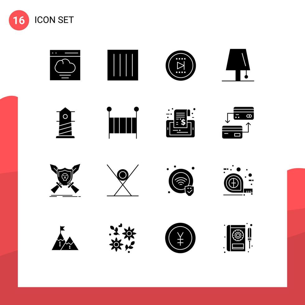 Modern Set of 16 Solid Glyphs Pictograph of lightning lamp laundry interior onward Editable Vector Design Elements