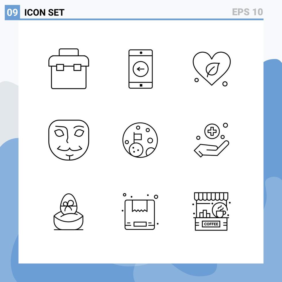 9 Universal Outlines Set for Web and Mobile Applications space moon heart mask anonymous Editable Vector Design Elements