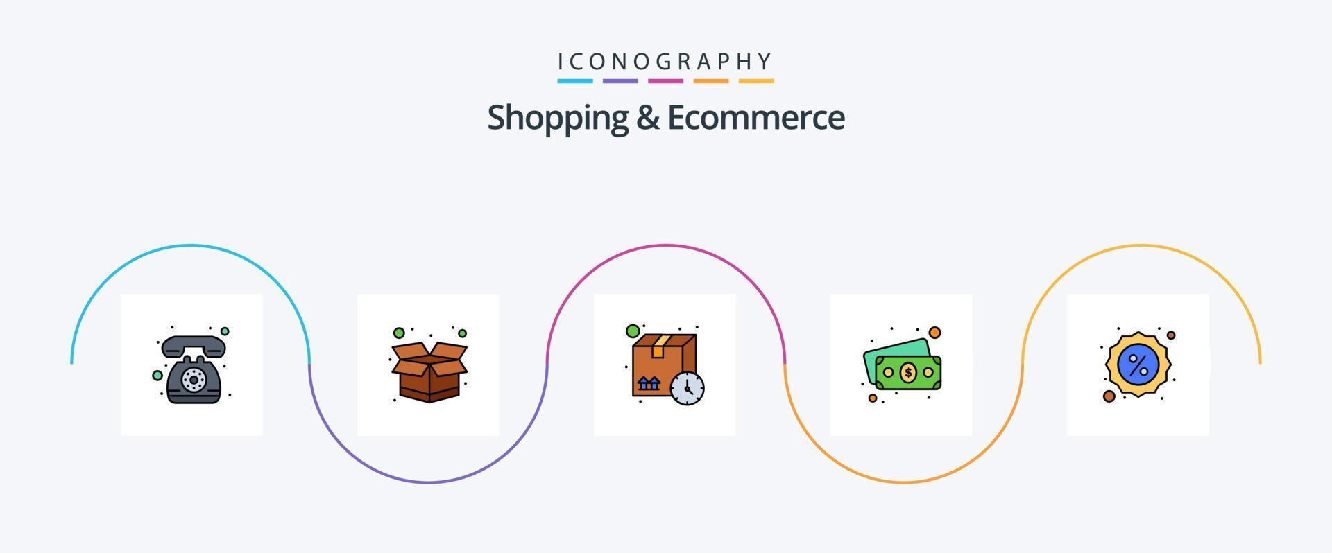 la línea de compras y comercio electrónico llenó el paquete de iconos planos 5 que incluye la insignia. venta. entrega. descuento. dinero vector