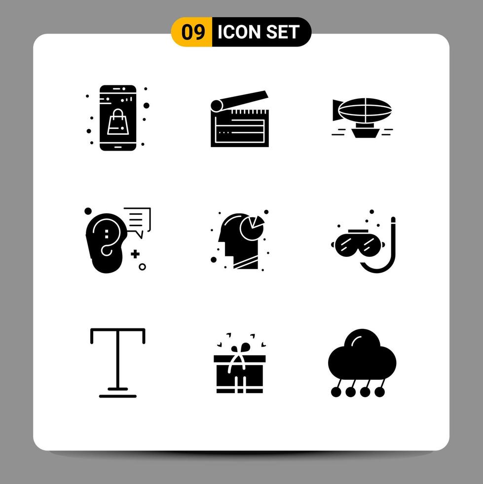 Pack of 9 Modern Solid Glyphs Signs and Symbols for Web Print Media such as ear buzz clapperboard travel filled Editable Vector Design Elements