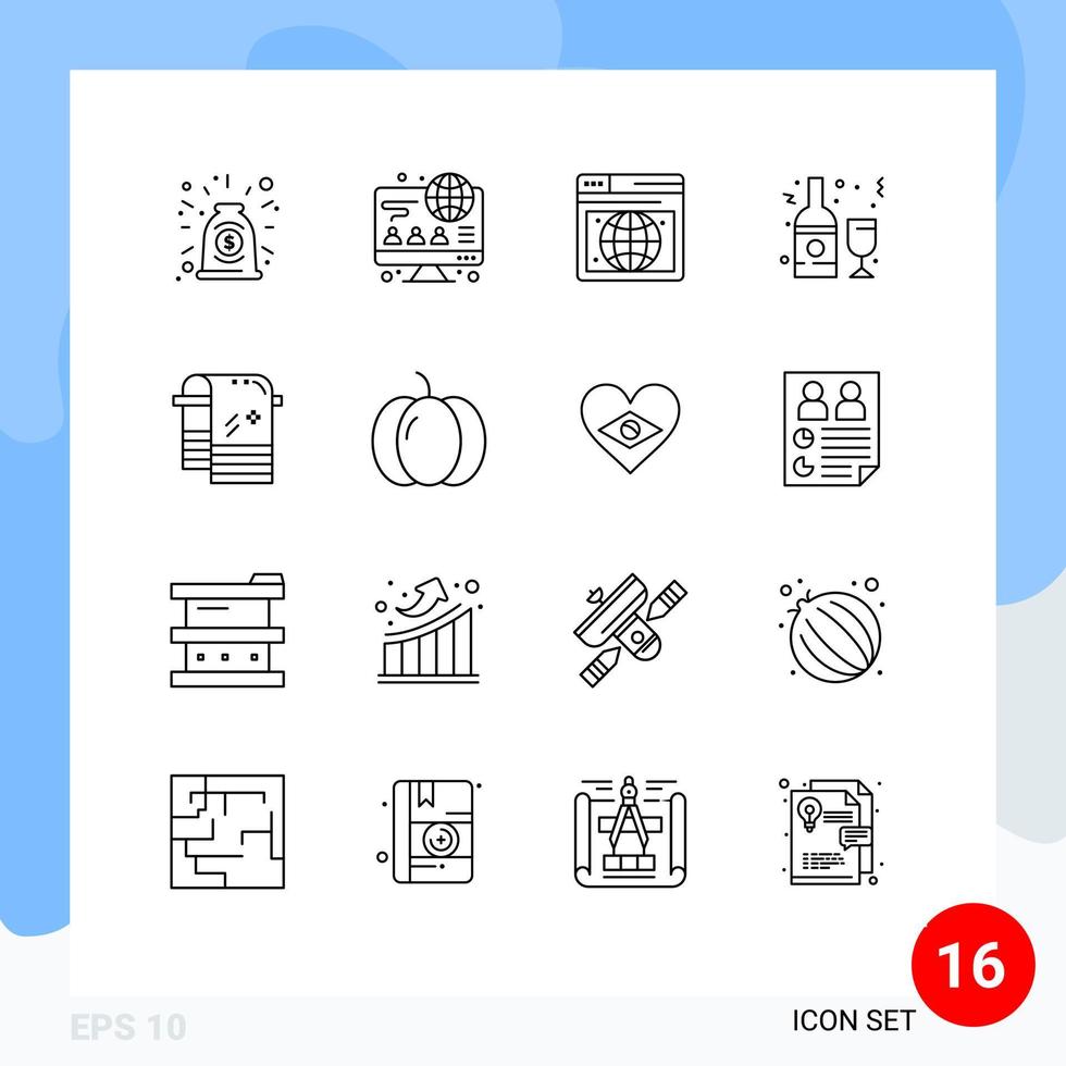 Universal Icon Symbols Group of 16 Modern Outlines of towel bath web wine bottle Editable Vector Design Elements