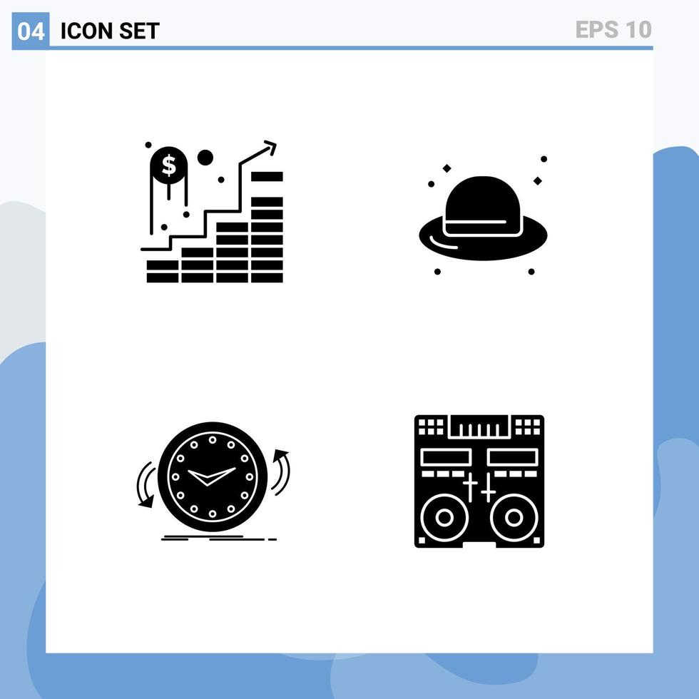 Mobile Interface Solid Glyph Set of 4 Pictograms of invest clock successful investment hat counter Editable Vector Design Elements