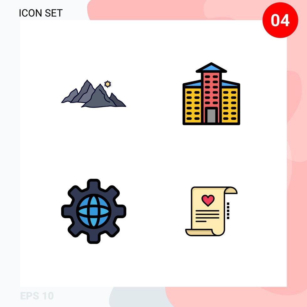 Group of 4 Modern Filledline Flat Colors Set for mountain internet nature city letter Editable Vector Design Elements