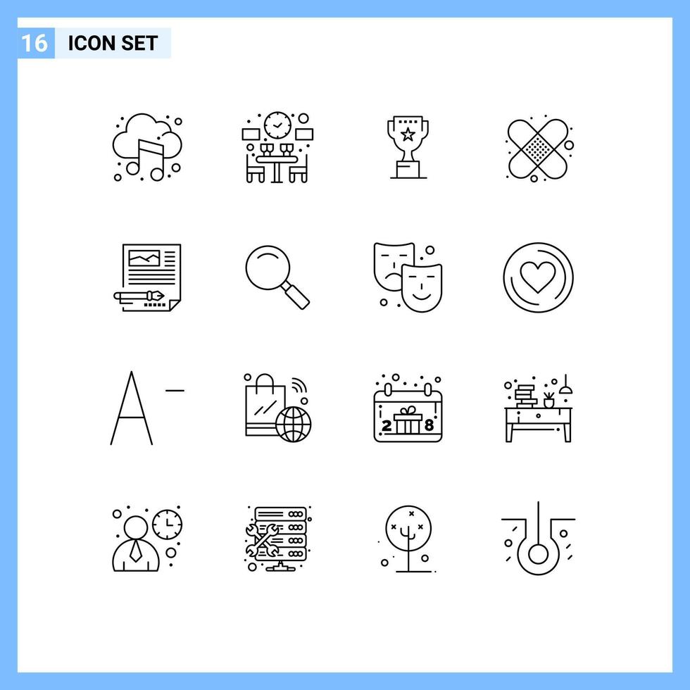 Group of 16 Outlines Signs and Symbols for paper edit award first aid band aid Editable Vector Design Elements