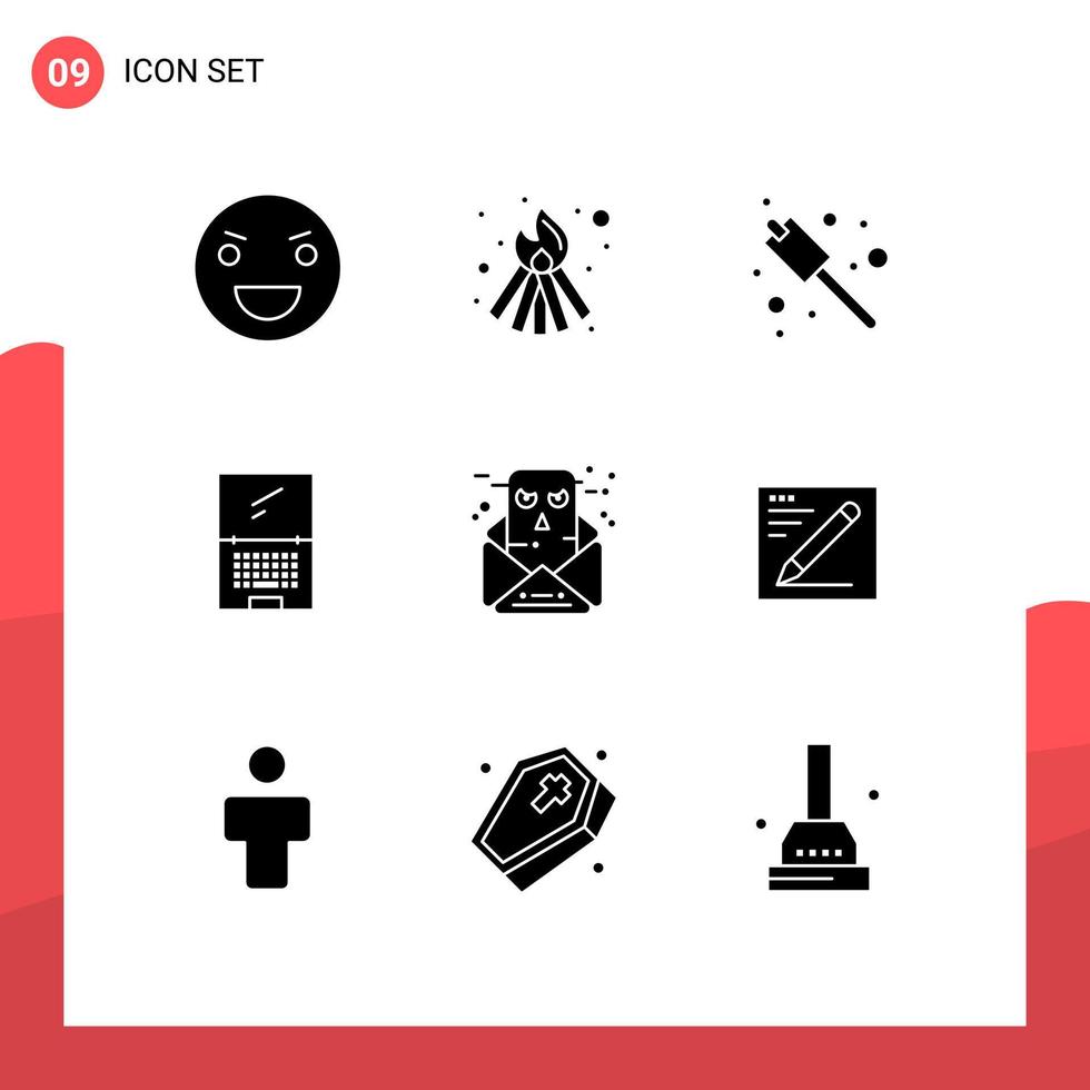Universal Icon Symbols Group of 9 Modern Solid Glyphs of communication laptop camping imac monitor Editable Vector Design Elements