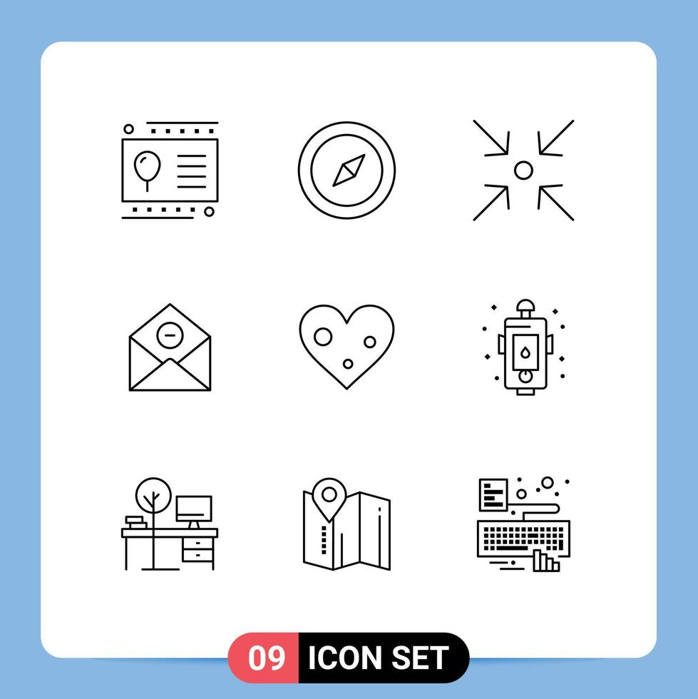 Group of 9 Outlines Signs and Symbols for like heart collapse email delete Editable Vector Design Elements