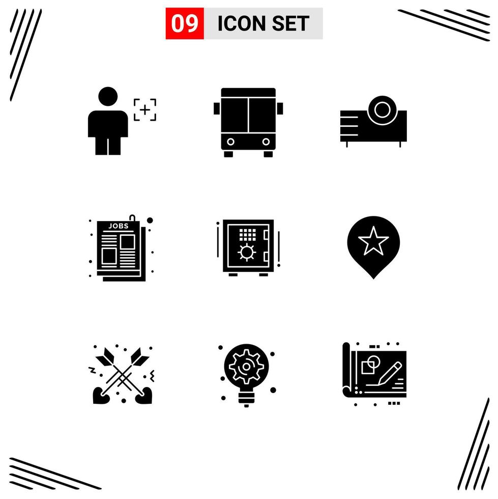 Pictogram Set of 9 Simple Solid Glyphs of job ad article vehicle ad projector Editable Vector Design Elements
