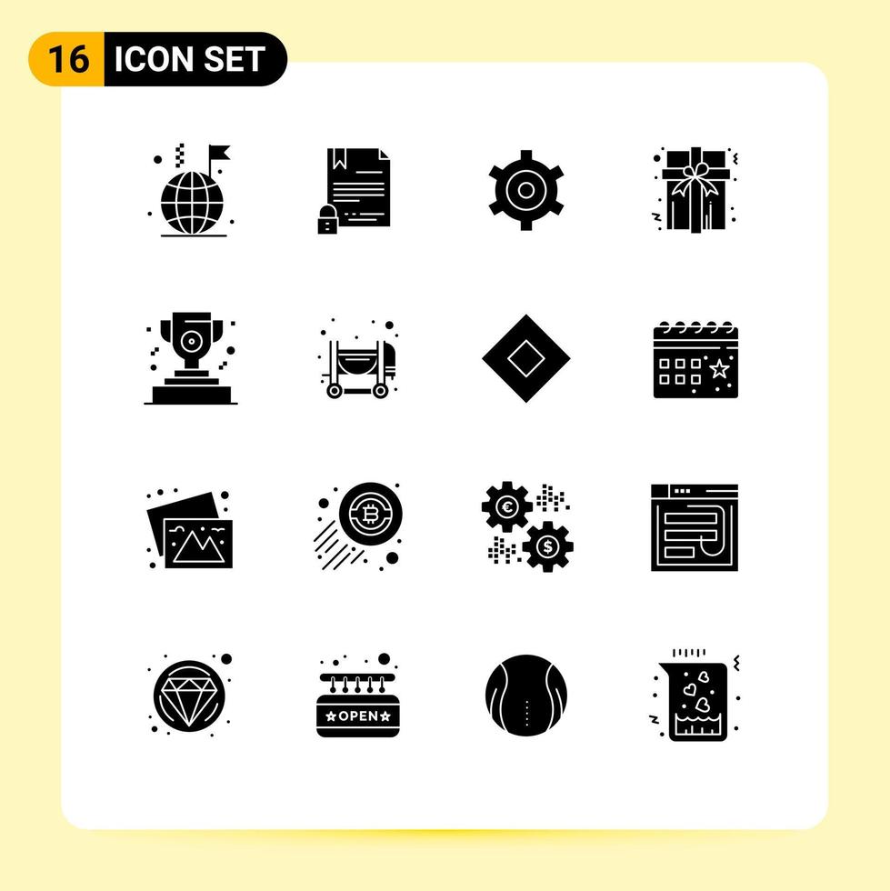 Pack of 16 creative Solid Glyphs of winner award internet present box Editable Vector Design Elements