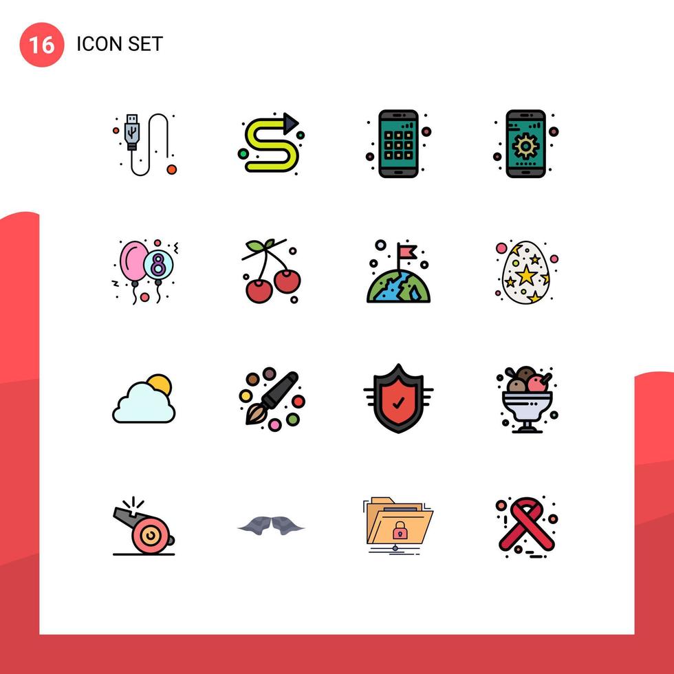 16 Thematic Vector Flat Color Filled Lines and Editable Symbols of party balloon app device mobile Editable Creative Vector Design Elements