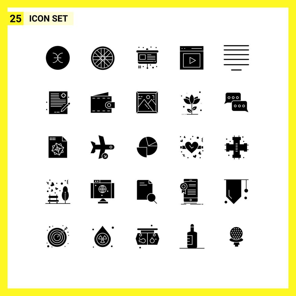 Modern Set of 25 Solid Glyphs Pictograph of text align easel vide interface Editable Vector Design Elements