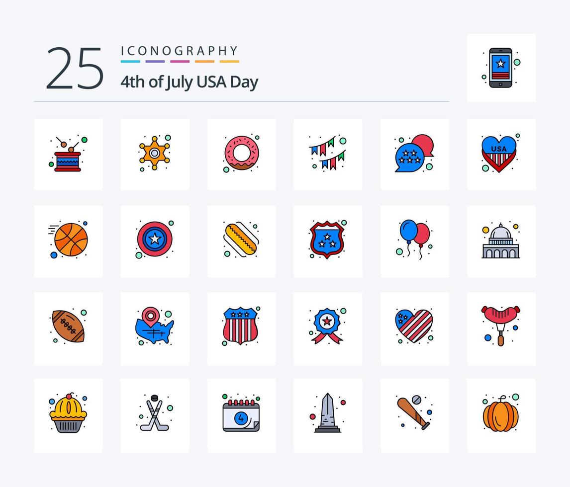 Usa 25 Line Filled icon pack including flag. party. police sign. decoration. american vector