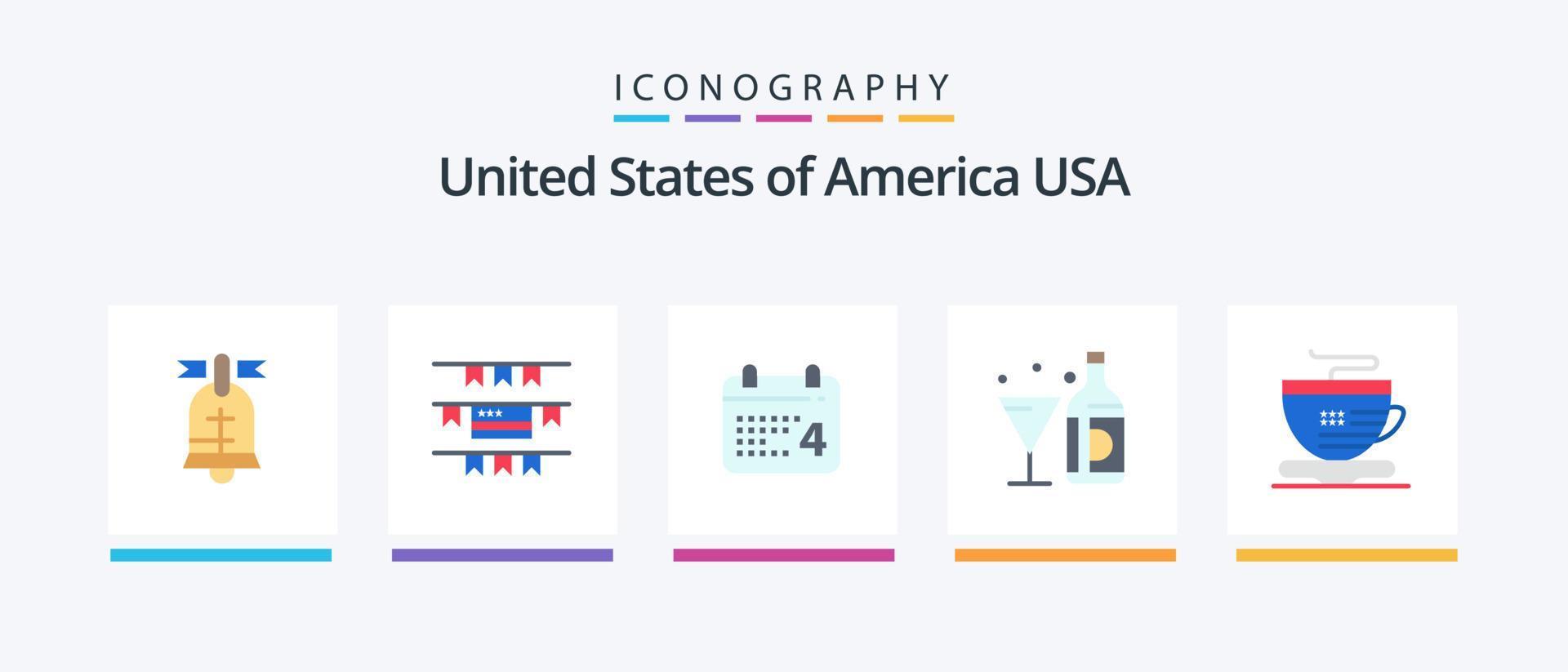 paquete de iconos planos de 5 estados unidos que incluye taza. vidrio. día. botella. vino. diseño de iconos creativos vector