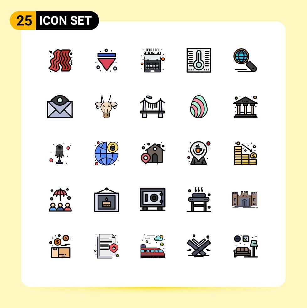 Modern Set of 25 Filled line Flat Colors and symbols such as seo internet binary globe temperature Editable Vector Design Elements