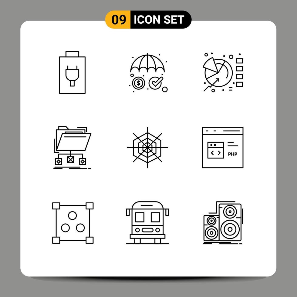 Pack of 9 creative Outlines of holiday network graph folder data Editable Vector Design Elements