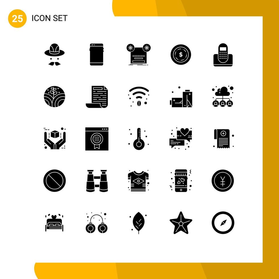 Pack of 25 Modern Solid Glyphs Signs and Symbols for Web Print Media such as communication maony record dollar music Editable Vector Design Elements