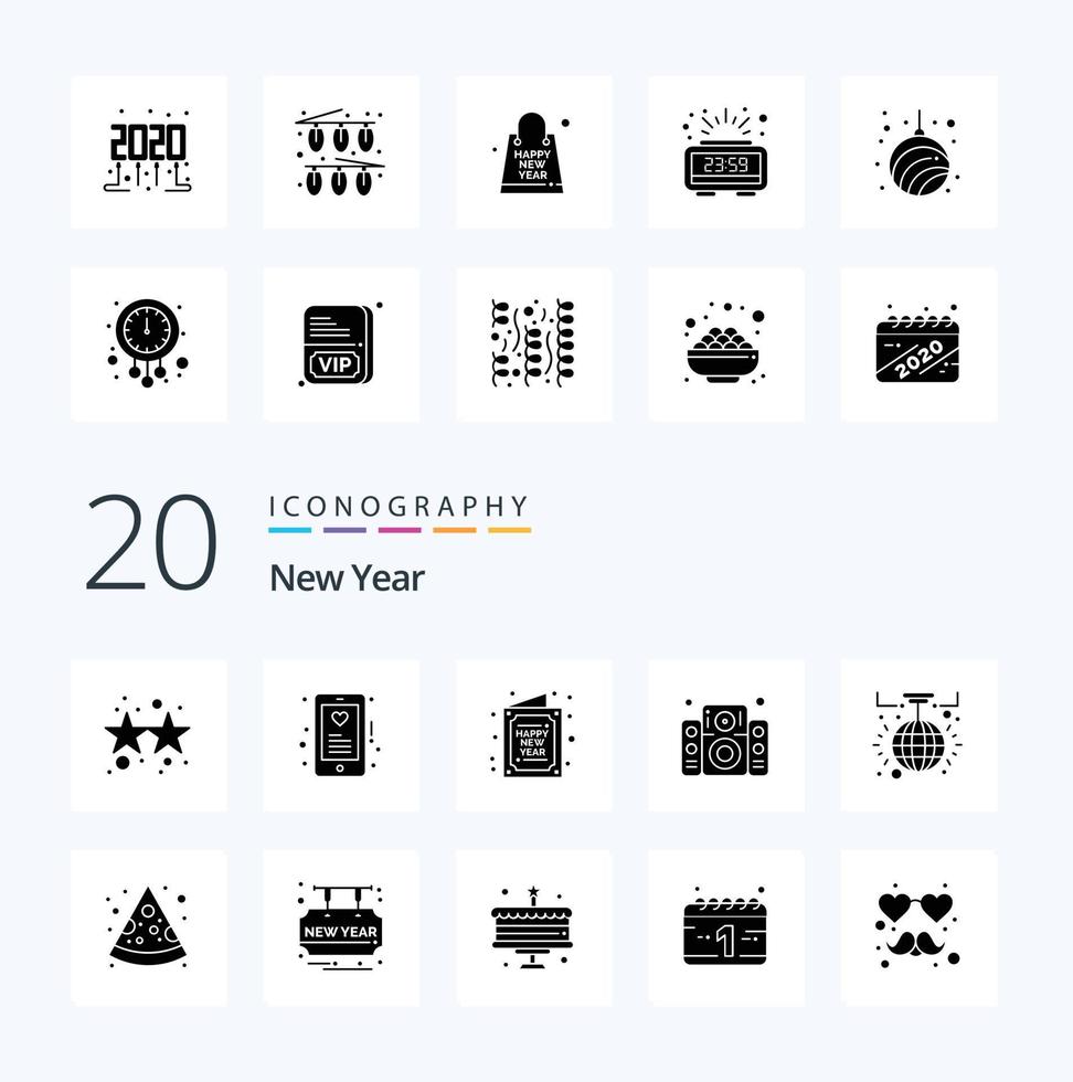 20 New Year Solid Glyph icon Pack like decoration speaker card sound wish vector