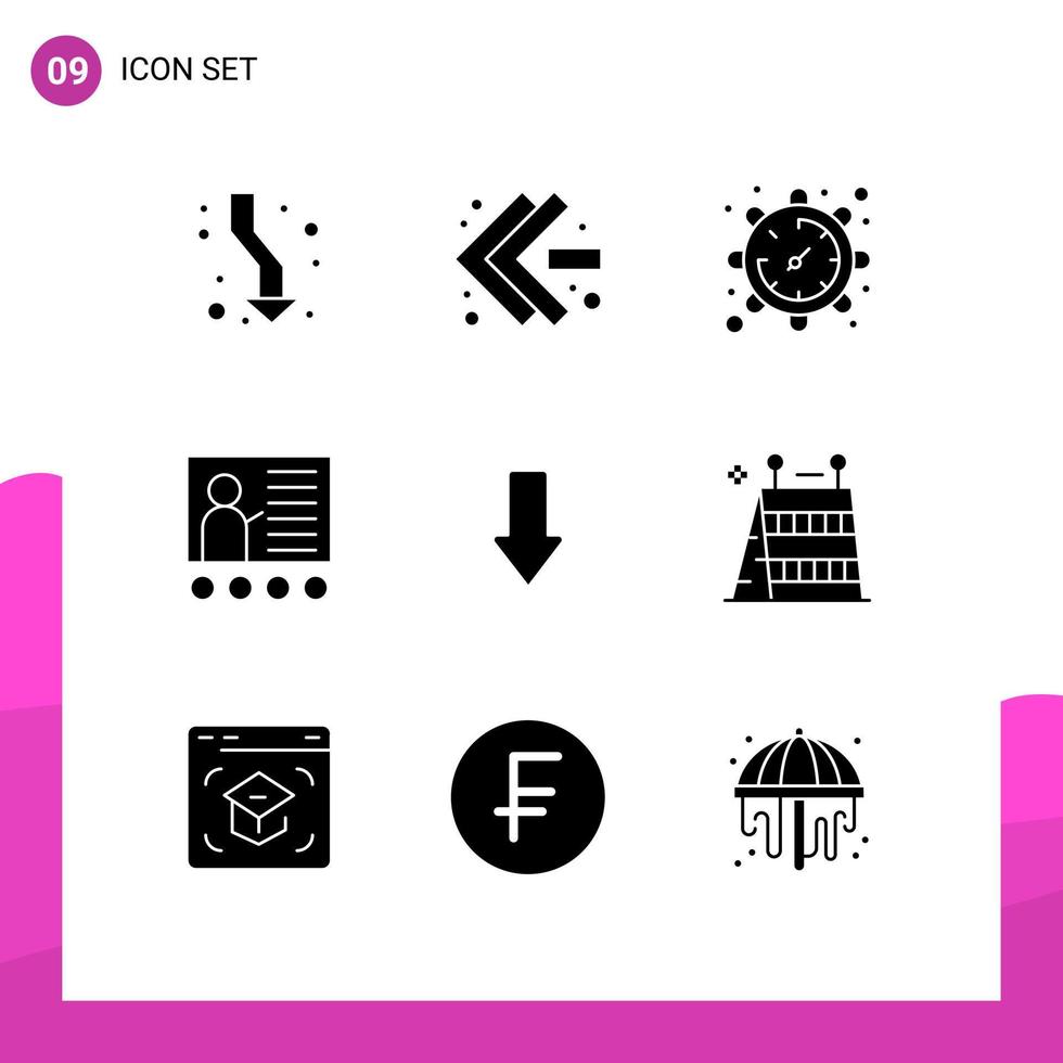 Pack of 9 Modern Solid Glyphs Signs and Symbols for Web Print Media such as arrow presentation gear education blackboard Editable Vector Design Elements