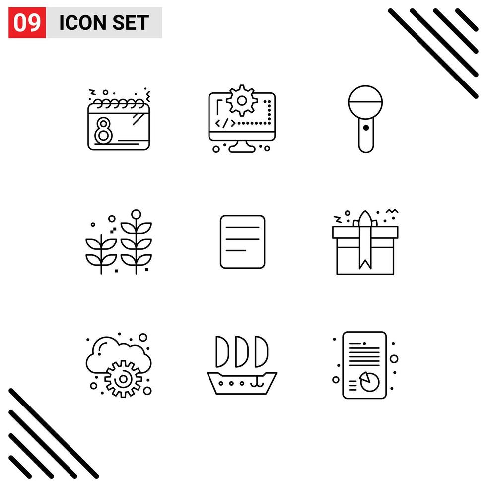 Set of 9 Vector Outlines on Grid for twitter leaf gear business press Editable Vector Design Elements