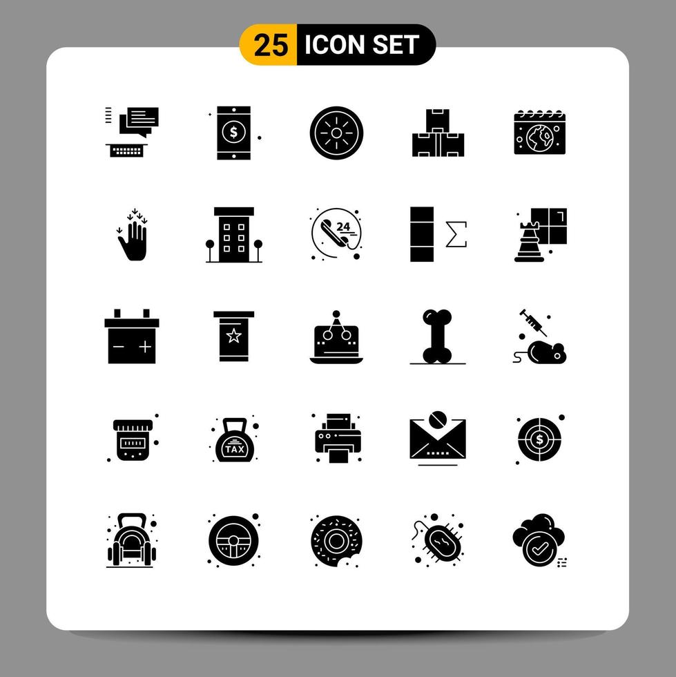 Universal Icon Symbols Group of 25 Modern Solid Glyphs of day globe fruits earth production Editable Vector Design Elements