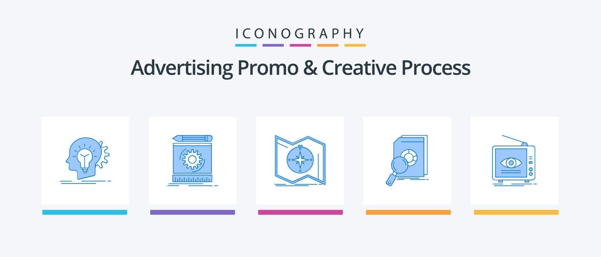 Advertising Promo And Creative Process Blue 5 Icon Pack Including financial. analysis. prototype. navigation. map. Creative Icons Design vector