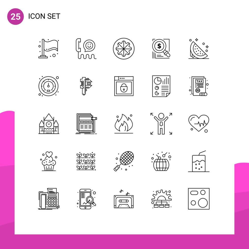 Line Pack of 25 Universal Symbols of solution magnifer fruit dollar vitamin Editable Vector Design Elements