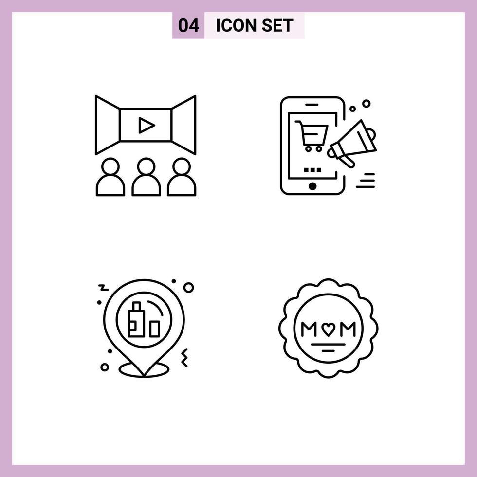 Set of 4 Modern UI Icons Symbols Signs for cinema celebration multimedia shopping party Editable Vector Design Elements