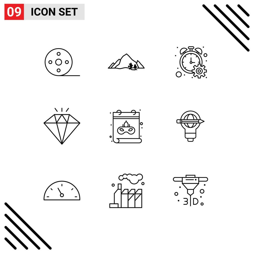 9 Thematic Vector Outlines and Editable Symbols of mask present tree jewel timer Editable Vector Design Elements