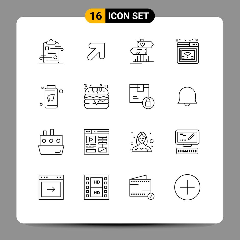 16 User Interface Outline Pack of modern Signs and Symbols of green wifi dierection web internet Editable Vector Design Elements