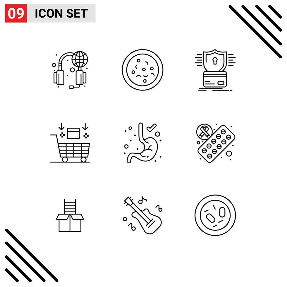 9 User Interface Outline Pack of modern Signs and Symbols of digestion shopping creditcard robot ai Editable Vector Design Elements