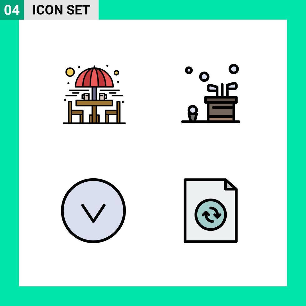 paquete de 4 signos y símbolos de colores planos de línea de relleno modernos para medios de impresión web, como flecha de silla, mesa de golf, elementos de diseño de vectores editables