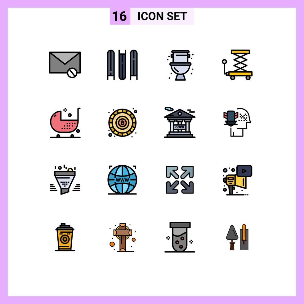 User Interface Pack of 16 Basic Flat Color Filled Lines of chair scissor mechanical lift car Editable Creative Vector Design Elements