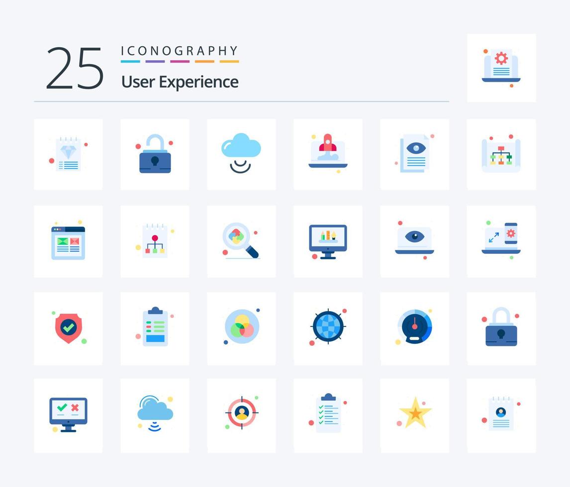 User Experience 25 Flat Color icon pack including view. eye. cloud. document view. rocket vector