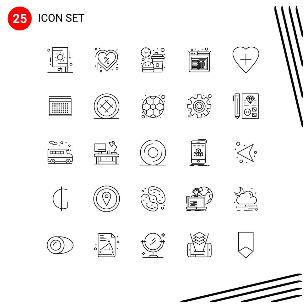 Pack of 25 creative Lines of heart layout offer browser lunch Editable Vector Design Elements