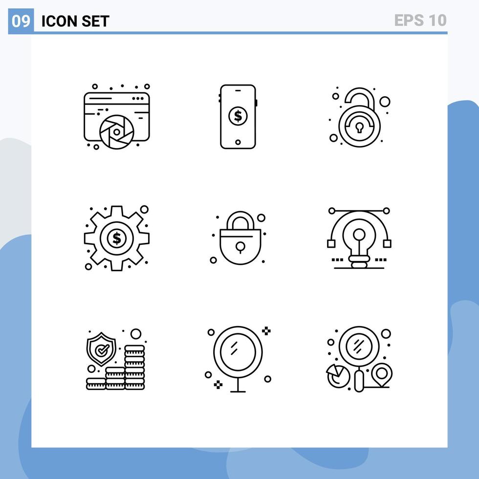 Mobile Interface Outline Set of 9 Pictograms of security money online gear unsecured Editable Vector Design Elements