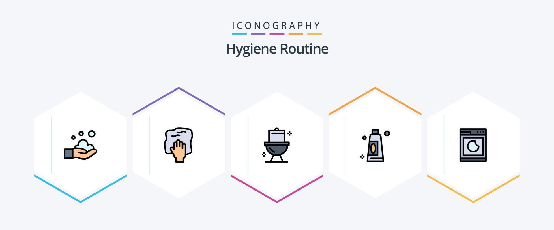 Hygiene Routine 25 FilledLine icon pack including machine. clean. scrub. cleaning. washroom vector