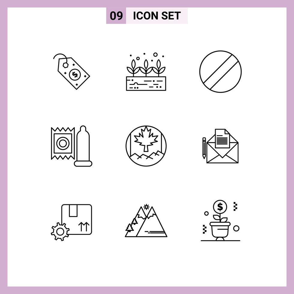 Mobile Interface Outline Set of 9 Pictograms of fax mail condom flag canada Editable Vector Design Elements