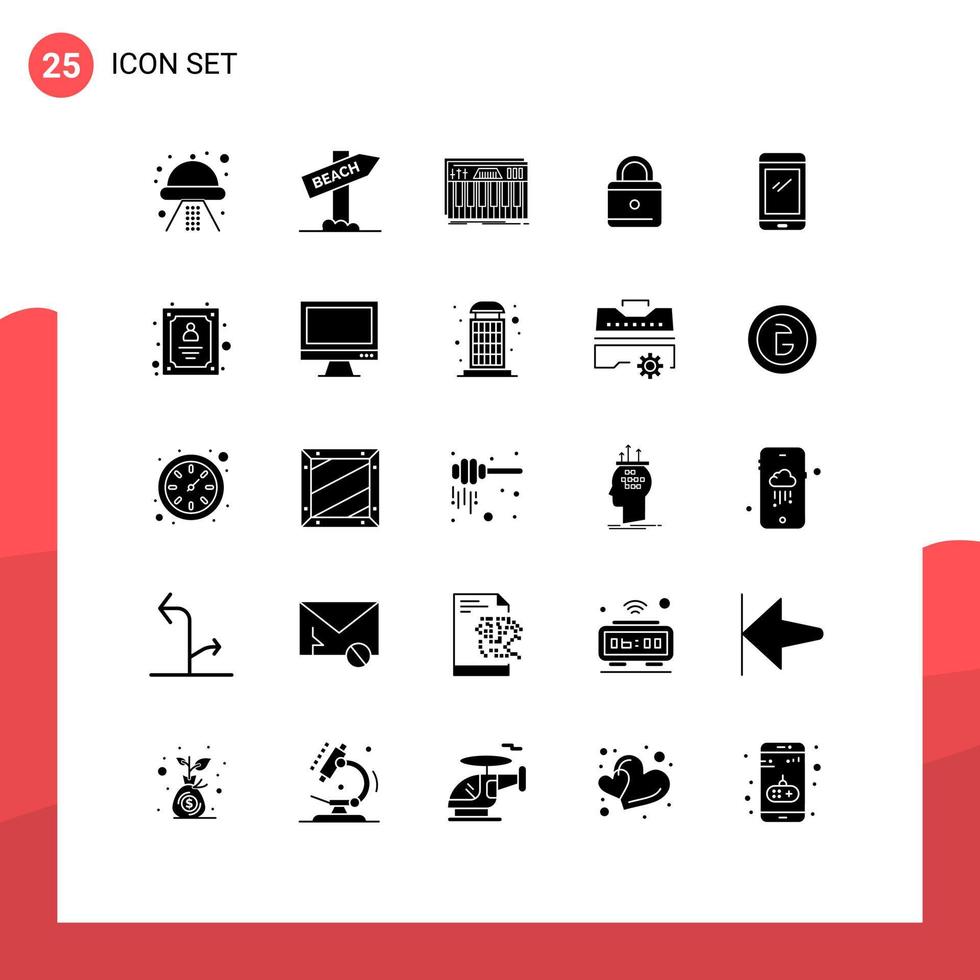 Group of 25 Solid Glyphs Signs and Symbols for smart phone security controller lock sound Editable Vector Design Elements