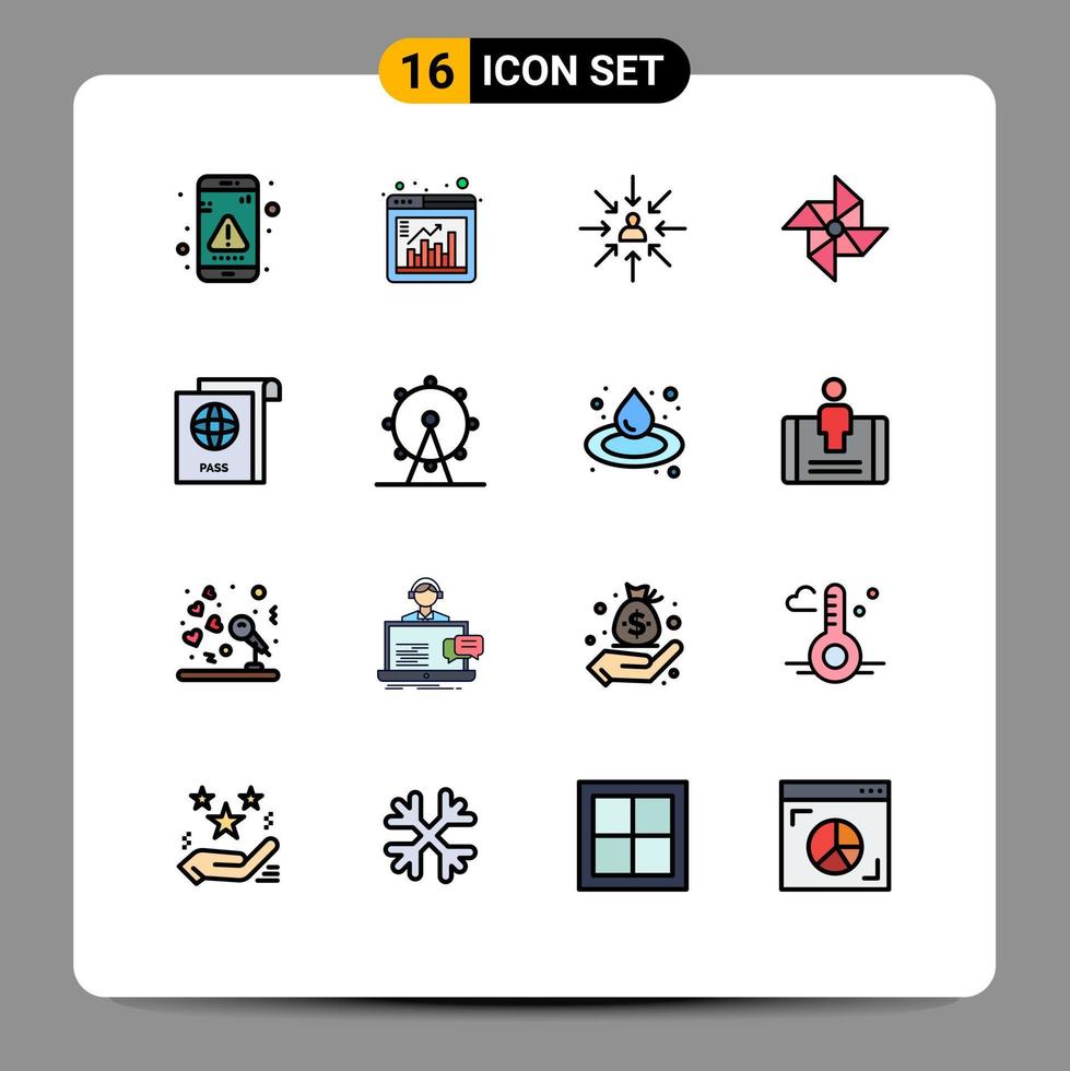 Pack of 16 Modern Flat Color Filled Lines Signs and Symbols for Web Print Media such as document wind chart spring focus Editable Creative Vector Design Elements