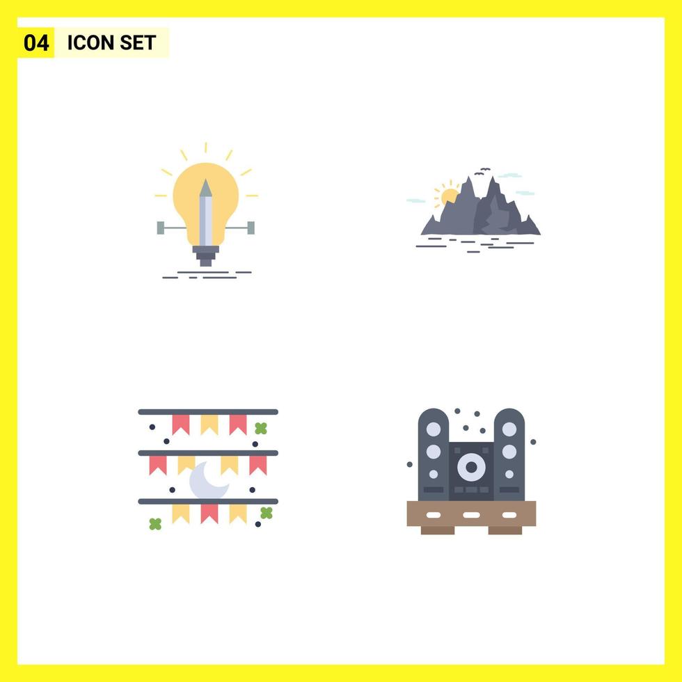 Group of 4 Flat Icons Signs and Symbols for bulb water light hill flag Editable Vector Design Elements