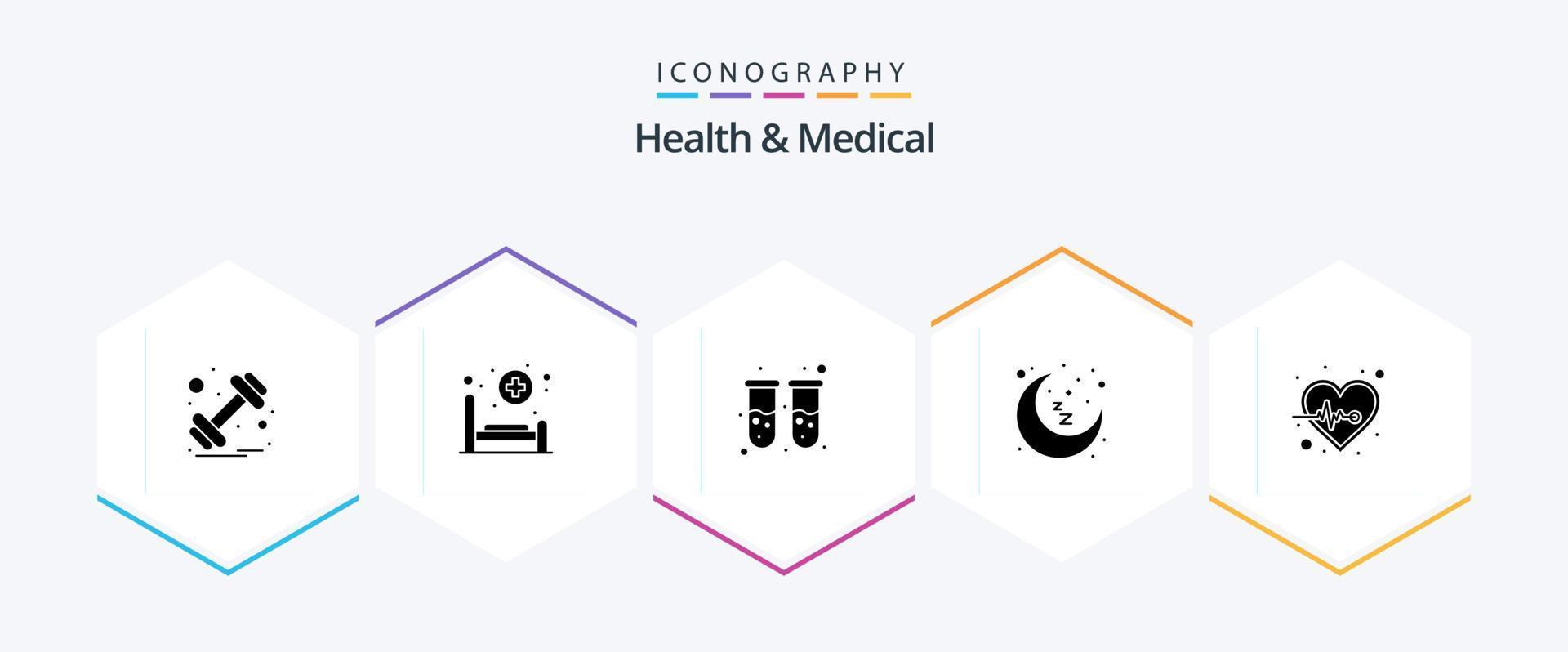 Paquete de iconos de 25 glifos médicos y de salud, incluido el corazón. tiempo de descanso sangre. dormir. luna vector